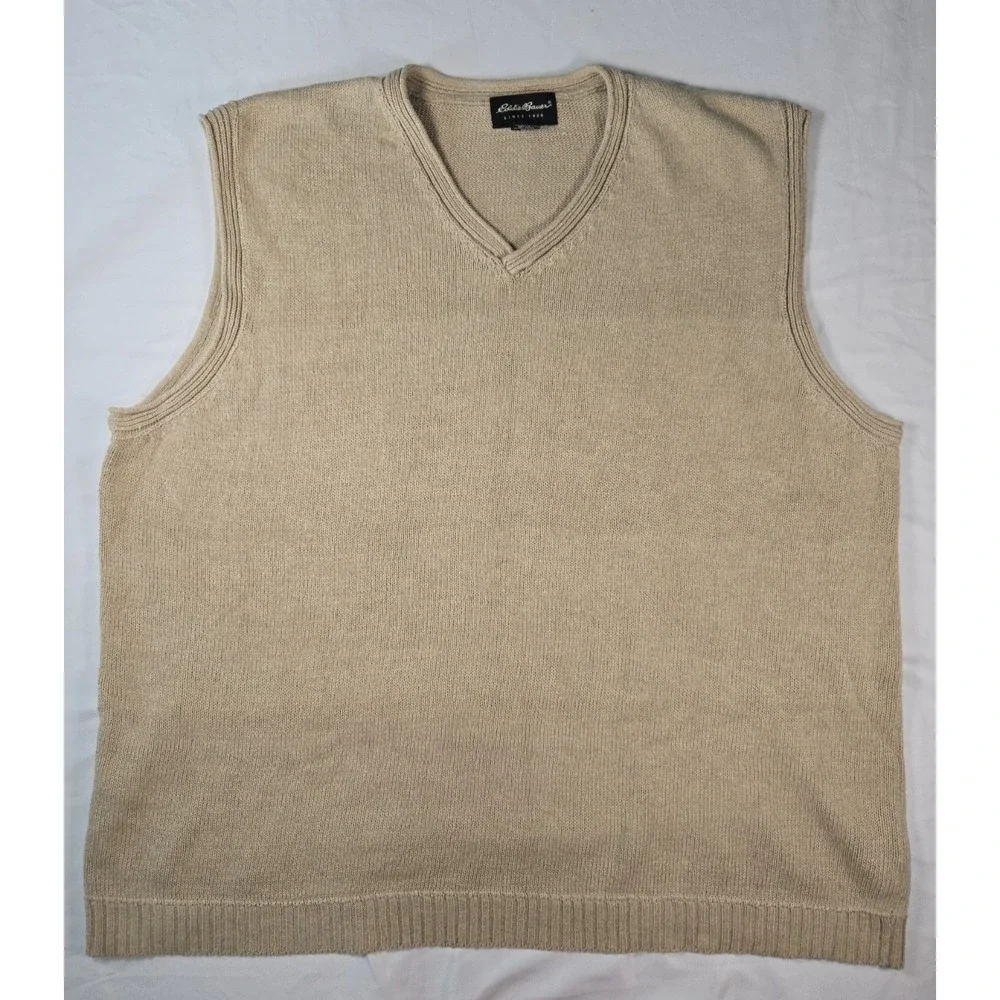 Vintage Y2K Eddie Bauer XXL Tall Linen Cotton Sweater Vest Beige Preppy Academia